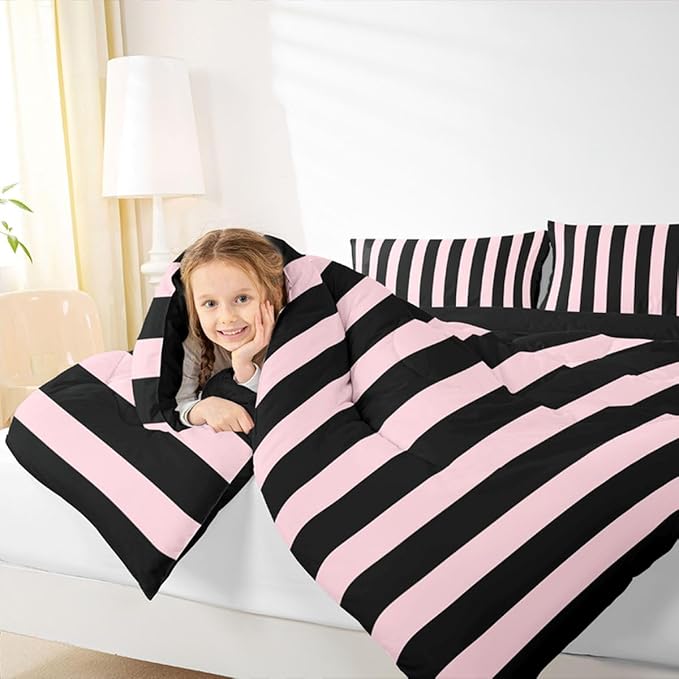 Erosebridal Pink and Black Striped Comforter Set King Size Simple Vertical Stripes Bedding Set Cute Retro Vintage Stripe Bed Collections Modern Abstract Minimalist Aesthetic Duvet Insert