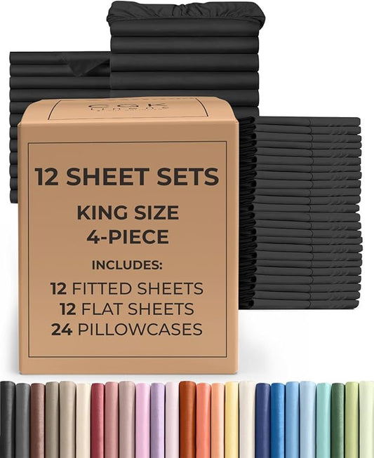 Bulk Case Pack of 12 Sheet Sets - (12) Complete King Size Sheet Sets with Deep Pockets - Wholesale Bulk Bedding for Hotels, Spas & Airbnbs - Breathable, Cooling, Soft & Wrinkle Free - (King, Black)
