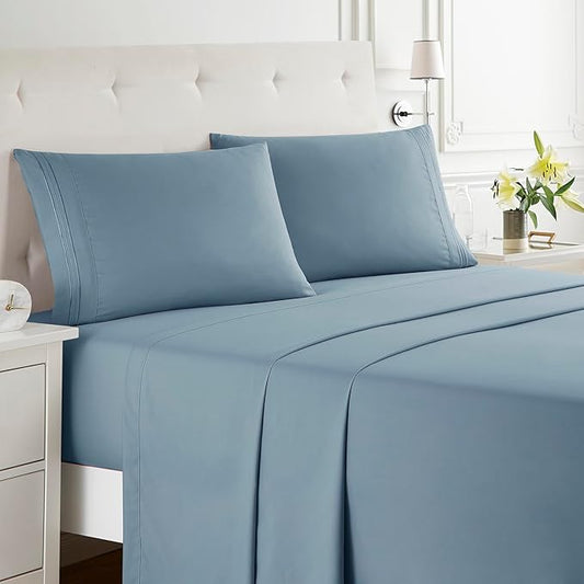 Clara Clark Bed Sheets, Premier 1800 Series Bed Sheet Set, Deep Pocket, Wrinkle, Fade, Stain Resistant, Luxury Soft Bedding Sheets & Pillowcases, California King, Stone Blue