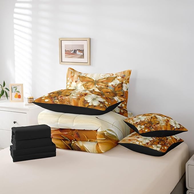 Erosebridal Floral Butterfly Full Bed in A Bag 7 Piece,White Flowers Oil Painting Boho Comforter Set Retro Aesthetics Orange Butterfly Bedding Set for Girls Teen Women,Bohemian Animal Sheet Set