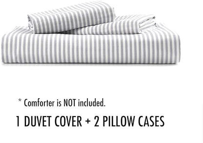 Wake In Cloud - Striped Cotton Duvet Cover Set, Ticking Stripe Pinstripe Farmhouse, 100% Cotton Bedding Set, 3 Pieces, Gray White, Full Size