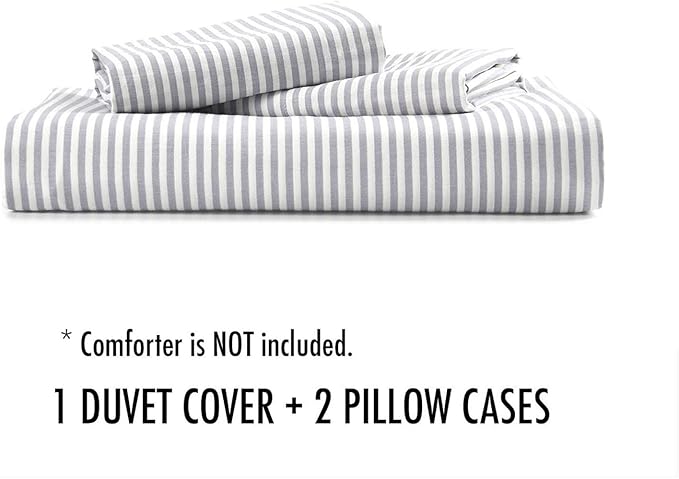 Wake In Cloud - Striped Cotton Duvet Cover Set, Ticking Stripe Pinstripe Farmhouse, 100% Cotton Bedding Set, 3 Pieces, Gray White, Queen Size
