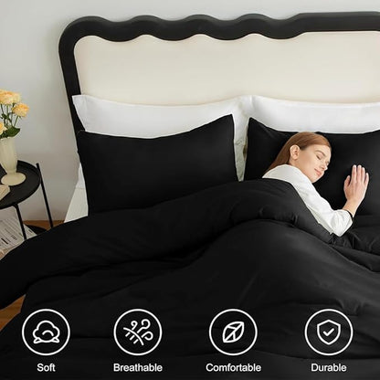CLOTHKNOW Black Full Size Comforter Set All Black Bedding Comforter Sets Boys Men Comforter Soft All Season Bedding with 2 x Pillow Cases