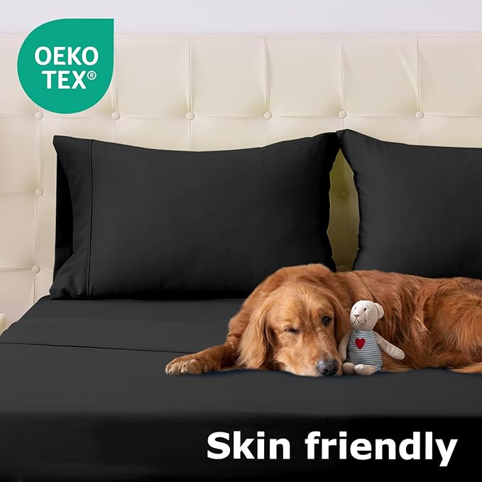 Queen Size Bed Sheet Set - 4 Piece Soft Microfiber Sheets with Deep Pockets, Cooling Technology, and Wrinkle-Free Pillowcase. Hotel-Quality, Durable Bedding, Black