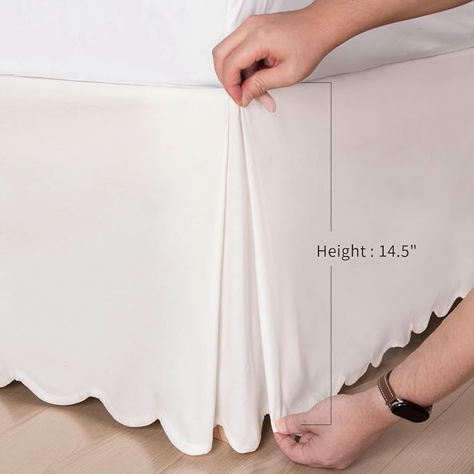 HIG Off-White Chic Queen Bed Skirt - Easy Fit Scallop Edge Pleated Bedskirts, 14 Inch Drop Anti-Slip Dust Ruffle, Thick Fabric for Enhanced Privacy, Pre-Washed for Long-Lasting Use(N60022)