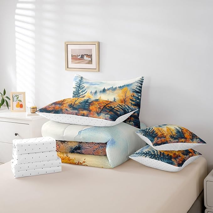 Erosebridal Pine Tree Forest Bed in A Bag Full 7 Piece Mountain Mist Landscape Bedding Set Blue Gold Rustic Aesthetic Comforter Set with Sheets Watercolor Oil Painting Style Bed Set