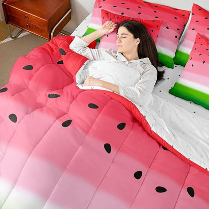 Watermelon 7 Pcs Bedding Sets Watercolor Red Green Fruit Summer Theme Comforter Set for Kids Teens Adults Bed in a Bag(Comforter Flat Sheet Fitted Sheet 2 Pillowcases 2 Throw Pillow Covers) King