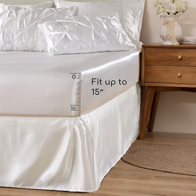MR&HM Satin Comforter King 7 Pieces - Luxurious Pinch Pleat Bedding Set with Comforter, Flat Sheet, Fitted Sheet, Pillowcases & Shams, Super Silky Soft Bed Set for All Season (King, Ivory)