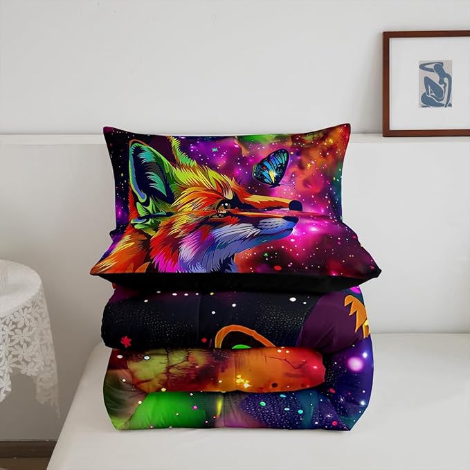 Fox Print Bedding Set Twin Cartoon Fox Butterfly Comforter Set for Kid Girl Boys,3D Animal Theme Colorful Galaxy Painting Quilt Duvet,Starry Sky Down Comforter Home Room Decor with 1 Pillowcase