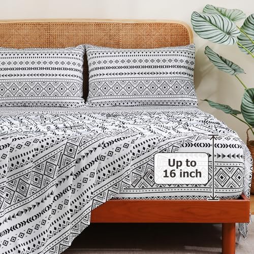 CozySmile King Size Sheet Set 4 Piece,Soft & Breathable Bedding Deep Pocket 16" Cooling Wrinkle Free Comforter Bed Set Western Sheets Geometric(King, Black White Geometric)