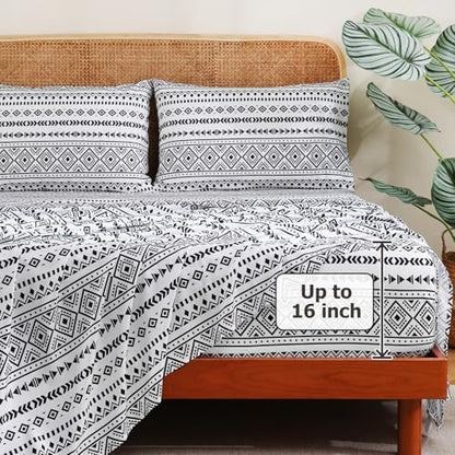 CozySmile King Size Sheet Set 4 Piece,Soft & Breathable Bedding Deep Pocket 16" Cooling Wrinkle Free Comforter Bed Set Western Sheets Geometric(King, Black White Geometric)