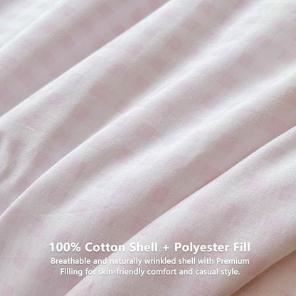 NSNLGSGC Pink Gingham Cotton Comforter Set Twin, 100% Washed Cotton Plaid Checked Comforter Bedding, 2 Pieces Vintage Farmhouse Grid Bedding Set(Pink Gingham, Twin)