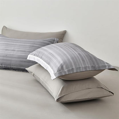 KAKIJUMN 7 Piece Bed in a Bag Stripe Comforter Set Full Size, White Grey Patchwork Striped Comforter and Sheet Set, All Season Soft Microfiber Complete Bedding Set(Light Grey,Full)