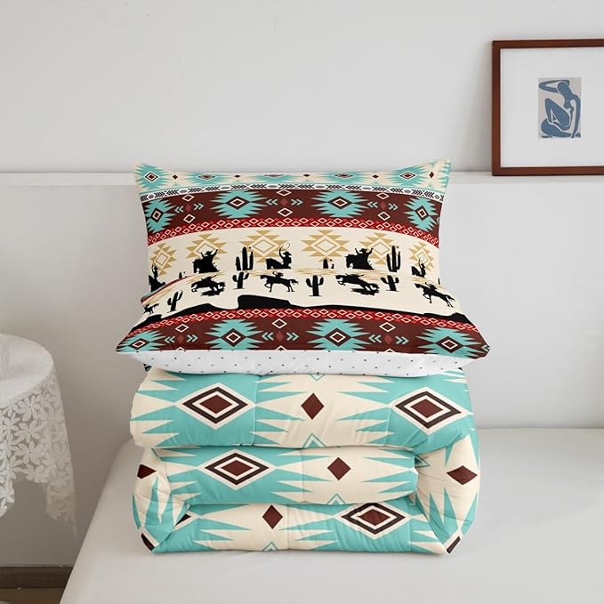 Feelyou Boho Comforter Set Toddler Size Horses Comforter Southwestern Native Aztec Bedding Set Farmhouse Wildlife Duvet Set Room Decor Beige Blue Quilt Set
