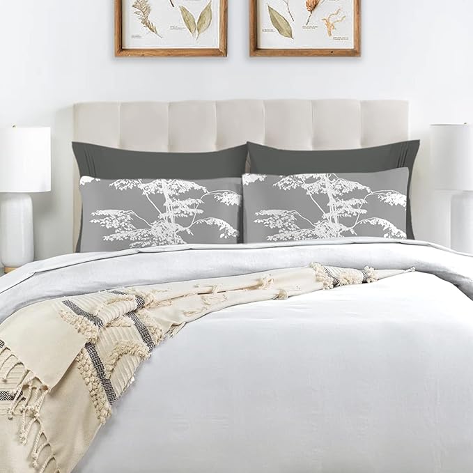 YIYEA Pillow Cases Queen Size Set of 4, Ultra Soft 1800TC Hotel Quality Double Brushed Microfiber Embroidered Pillowcases and Floral Pillow Covers, Envelope Closure, Fade Resistant (20"x30")