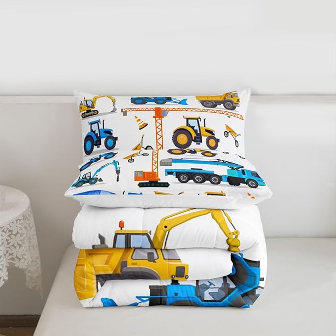 Tractor Comforter Set King Excavator Bedding Set For Boys Kid Construction Trucks Down Comforter Yellow Blue Equipment Truck Machinery Vehicle Bedroom Decor Forklift Bulldozer Crane Duvet Insert
