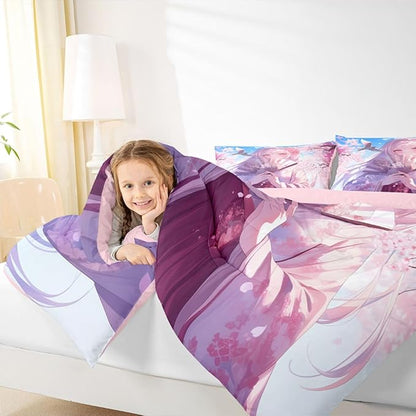 Erosebridal Japanese Style Girl Comforter Set, Cartoon Anime Girl Bedding Japanese Cherry Blossoms Bed Comforter Set, Romance Room Decor, Cartoon Kawaii Girly Bedding Sets Full Size 3 Pieces