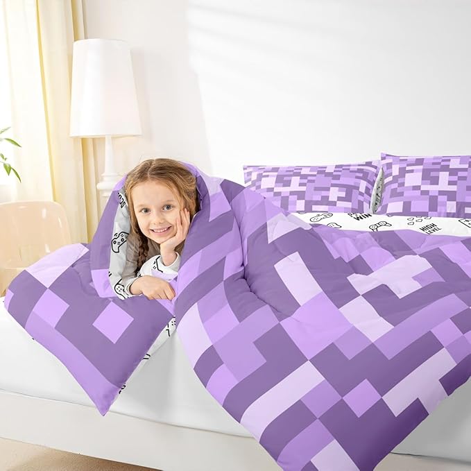 Pixel Grid Miners Comforter Set King Size,Video Games Plaid Lattice Kids Bedding Set,Geometric Check Quilt Comforter,Light Purple Duvet Insert,2 Pillowcases