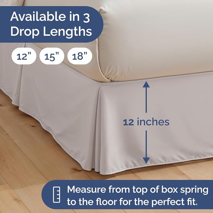 Pleated Bed Skirt Queen Size - 3 Sided Pleated Bed Skirt Queen - Ultra-Soft, Easy Fit with 12 Inch Tailored Drop - Hotel Quality, Wrinkle & Fade Resistant - For Women, Men, Kids and Teens - Light Grey