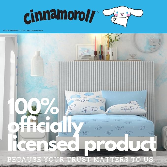 Cinnamoroll Bedding Super Soft Cozy Microfiber 3 Piece Twin Sheet Set, (Officially Licensed Product) by Franco Collectibles