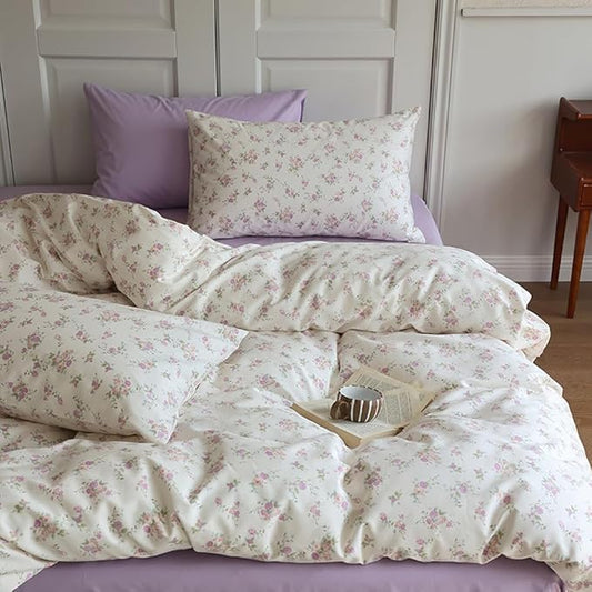 VM VOUGEMARKET Lavender Flower Comforter Set Queen Garden Floral Comforter with 2 Pillowcases Cottagecore Aesthetic Bedding Comforter Set for Girls Women 90"x90"