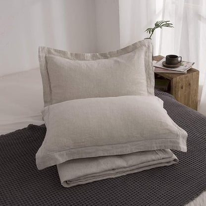 Simple&Opulence 100% Linen Duvet Cover Set with Embroidery Border Washed - 3 Pieces (1 Duvet Cover with 2 Pillow Shams) with Button Closure Soft Breathable Farmhouse - Linen, Full Size