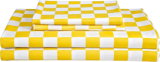 Best Season Bed Sheet Set 3 Piece -Twin Size-Soft Durable Microfiber Bedding Sheet Set,Deep Pocket,Stain,Fade & Wrinkle Resistant Green and White Checkerboard Grid(Plaid Yellow&White)