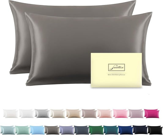 Silk Pillow Cases 2 Pack,Soft Breathable and Sliky Standard Size Pillow Cases Set of 2,Natural Mulberry Silk Pillowcase Set of 2 for Hair and Skin with Hidden Zipper (Gray,20"X 26",2pcs)
