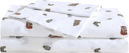 Eddie Bauer - Sheet Set, Luxurious Cotton Percale Bedding with Matching Pillowcase, Crisp & Cool, Fully Elasticized (Buddy Camping Allover White, Full)