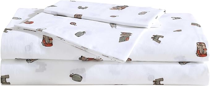 Eddie Bauer - Sheet Set, Luxurious Cotton Percale Bedding with Matching Pillowcase, Crisp & Cool, Fully Elasticized (Buddy Camping Allover White, Twin)