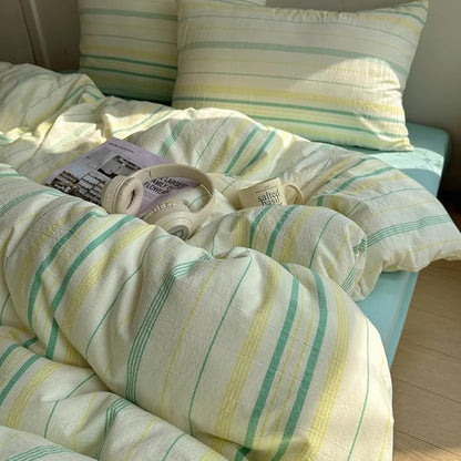 EAVD Retro Striped Duvet Cover Set King Soft 100% Cotton Vintage Yellow Green Stripes Pattern Bedding Set with 2 Pillowcases Reversible Farmhouse Geometric Printed Duvet Cover with Zipper