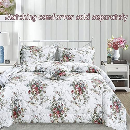 FADFAY Sheet Set Cal King Vintage Rose 100% Cotton Hypoallergenic White and Grey Deep Pocket Fitted Sheet 4-Pieces Cal King