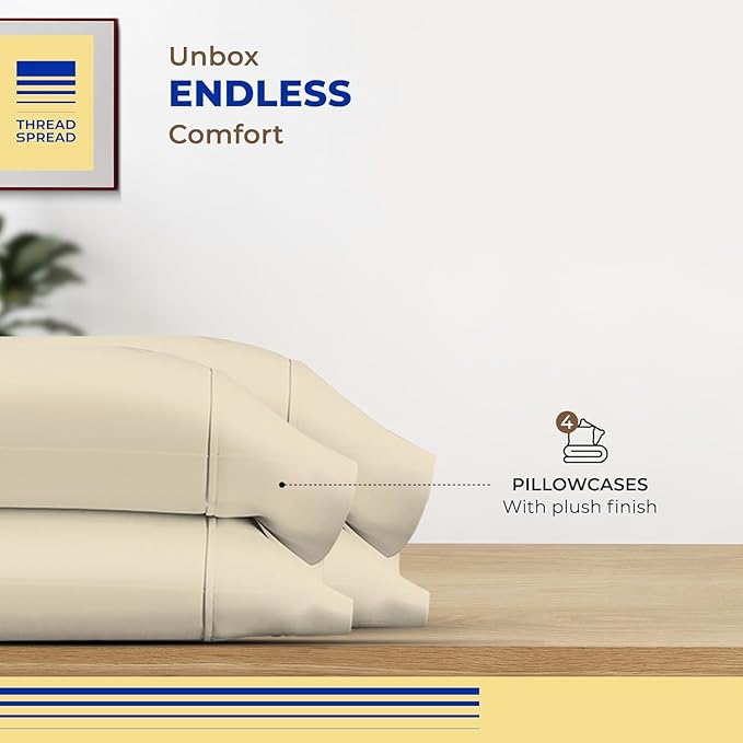Thread Spread 100% Egyptian Cotton Pillow Cases Queen Size Set of 4 - Luxury 600 Series Bliss Collection Queen Pillow Cases (Pack of 2, Ivory), Hotel Cotton Pillowcases, Sateen Finish