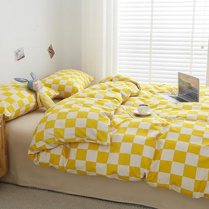 CLOTHKNOW Light Yellow Grid Queen Comforter Set Plaid Bedding Sets Checker Queen Comforter Light Yellow Queen Size Comforter Sets