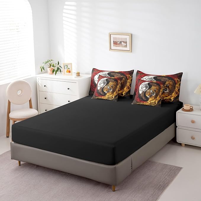 Feelyou Tiger Comforter Set 7 Pieces Queen Size Yin Yang Boho Trippy Bedding Set for Boys Girls Wildlife Bed in a Bag with Comforter, Sheets, Pillowcases & Cushion Covers