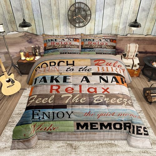 Farmhouse Style Comforter Set Full Size Porch Rules Quotes Bedding Set 3pcs Kids Boys Women Men Cabin Home Decor Rustic Country Wooden Board Quilted Duvet Brown Retro Bedspread,2 Pillowcases