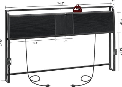 MAHANCRIS Headboard King Size with 2 Power Strips and Flip Door Storage | Industrial King Headboard with Adjustable Bed Frame Adapters, 95° Backrest, Easy Assembly, Sturdy Construction, Black