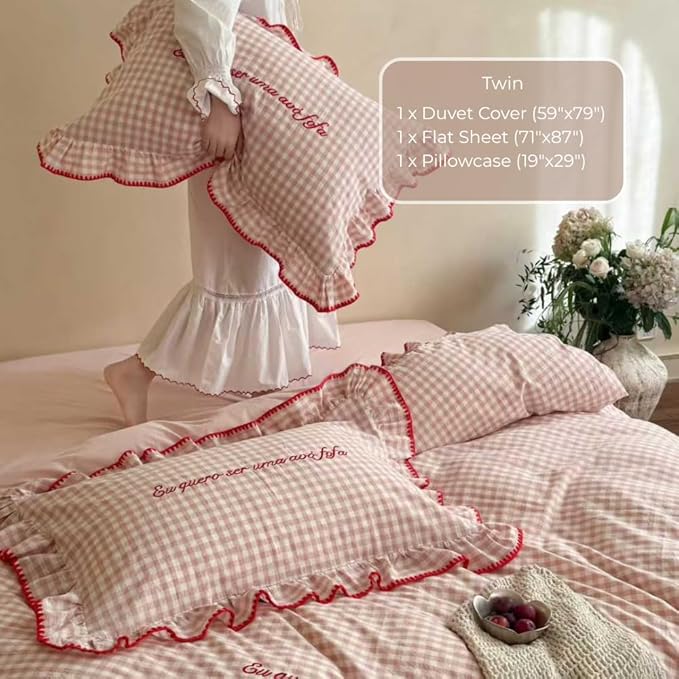 CRUSHIMO Morning Mist Gingham Washed Cotton Duvet Cover Set - Shabby Chic Gingham Plaid Bedding with Ruffle Trim & Triangle Stitching - Ultra Soft Breathable Comforter Cover (Blush Milk, Twin)