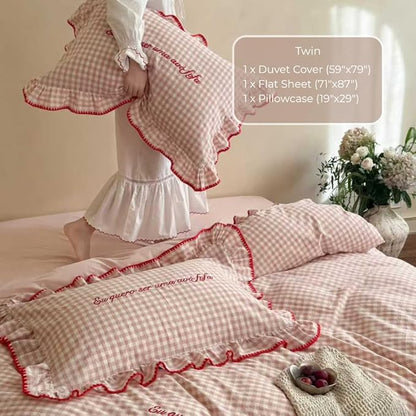 CRUSHIMO Morning Mist Gingham Washed Cotton Duvet Cover Set - Shabby Chic Gingham Plaid Bedding with Ruffle Trim & Triangle Stitching - Ultra Soft Breathable Comforter Cover (Blush Milk, Twin)