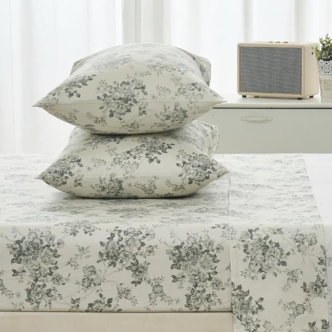 DAUAOTO 100% Cotton Sheets Set Twin Size Printed Bedding Sets, Up to 14" Deep Mattress, Toile Rose Floral Pattern Bedlinen Set, Gray