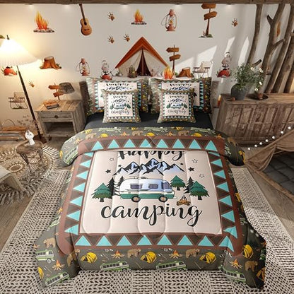 Erosebridal Kids Camping 7 Piece Comforter Set King Bed in a Bag Happy Camping Bedding for Boys Girls Western Rustic Farmhouse Duvet Insert Vintage Cartoon Rv Car Print Quilt Camper Decor Sheets