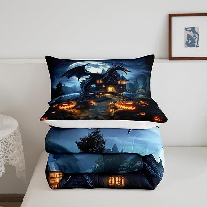Halloween Dragon Comforter Set King Size,Pumpkin Wooden Cabin Bedding Set for Kids Boys Girls Room Decor,Moonlight Bat Wild Animal Duvet Insert 3Pcs,Western Magical Dragon Quilt Set,2 Pillowcases