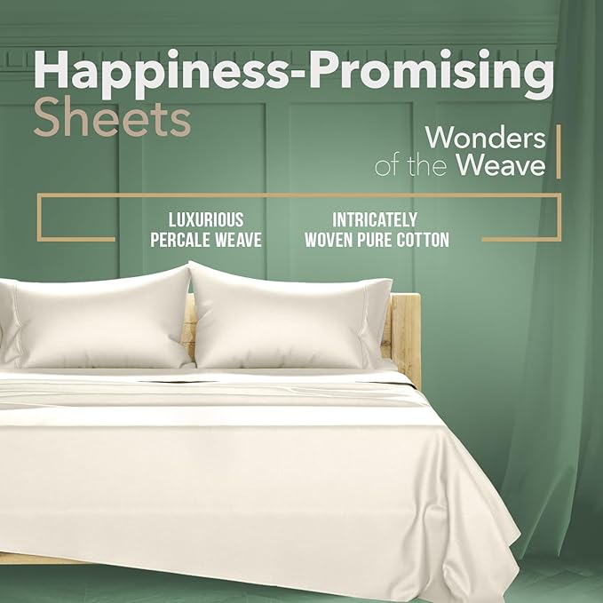 TEXAS LINEN CO. 100% Organic Cotton Sheets Full Size - 4 PC Organic Cotton Percale Sheets Full Set (Ivory), Soft, Cooling & Breathable Bedsheets, 16" Deep Pocket Hotel Bedding - GOTS Certified