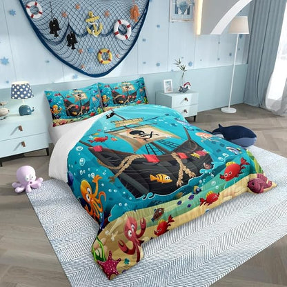 Castle Fairy Cartoon Pirate Ship Comforter Set Queen Size for Kids Marine Adventure Bedding Sets All Season Underwater Fish Quilt Set Bedroom Decor Cute Octopus Jellyfish Down Comforter,3Pcs