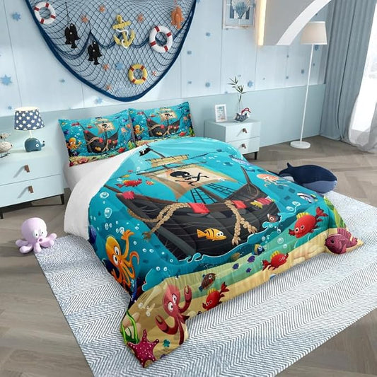 Castle Fairy Cartoon Pirate Ship Comforter Set Queen Size for Kids Marine Adventure Bedding Sets All Season Underwater Fish Quilt Set Bedroom Decor Cute Octopus Jellyfish Down Comforter,3Pcs