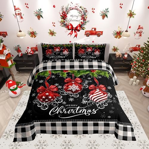 Black and White Grid Comforter Set Queen Size Merry Christmas Bedding Set for Kids Boys Girls Bedroom Decoration Red and Green Bed Duvet Insert Geometric Snowflake Comforter with 2 Pillowcase
