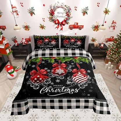 Black and White Grid Comforter Set Queen Size Merry Christmas Bedding Set for Kids Boys Girls Bedroom Decoration Red and Green Bed Duvet Insert Geometric Snowflake Comforter with 2 Pillowcase
