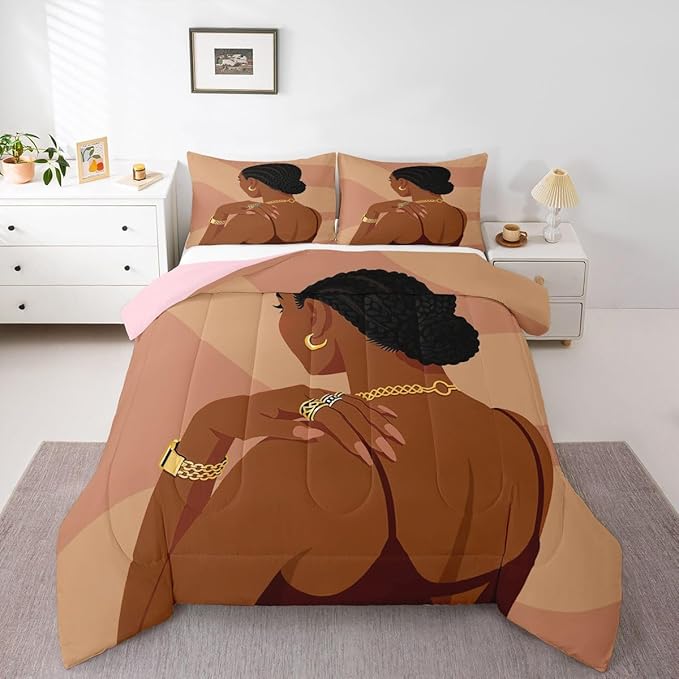 Erosebridal Fashion Black Woman Comforter Set King Size 3 Piece Romantic Makeup Themed Girls Bedding Set Fashionable Gorgeous Down Comforter Vogue Afro Girls Duvet Insert for Kids Teens Adult Bedroom