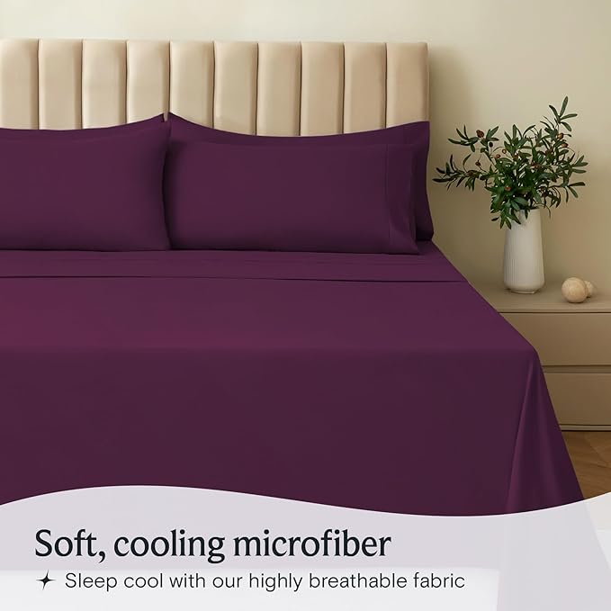 LuxClub 3 PC Sheet Set Sheets Deep Pockets 18" Eco Friendly Wrinkle Free Sheets Machine Washable Hotel Bedding Silky Soft - Eggplant Twin