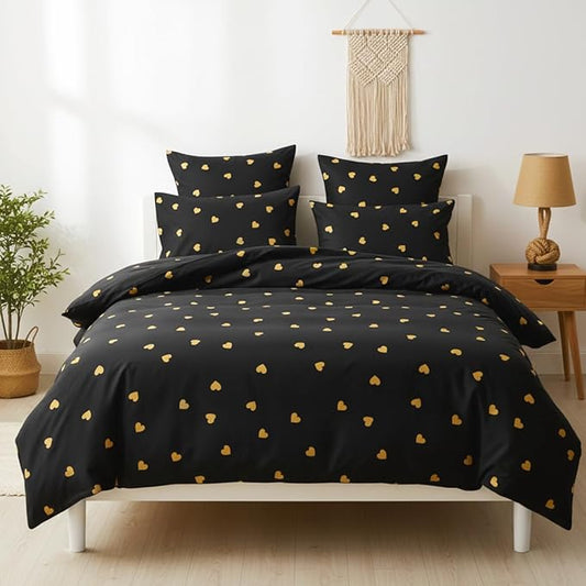 Heart Comforter Set Queen 3 Pieces Black Gold Love Heart Bedding Set for Girls Boys Modern Aesthetic Comforter with 2 Pillowcases, Lightweight Soft 100% Microfiber